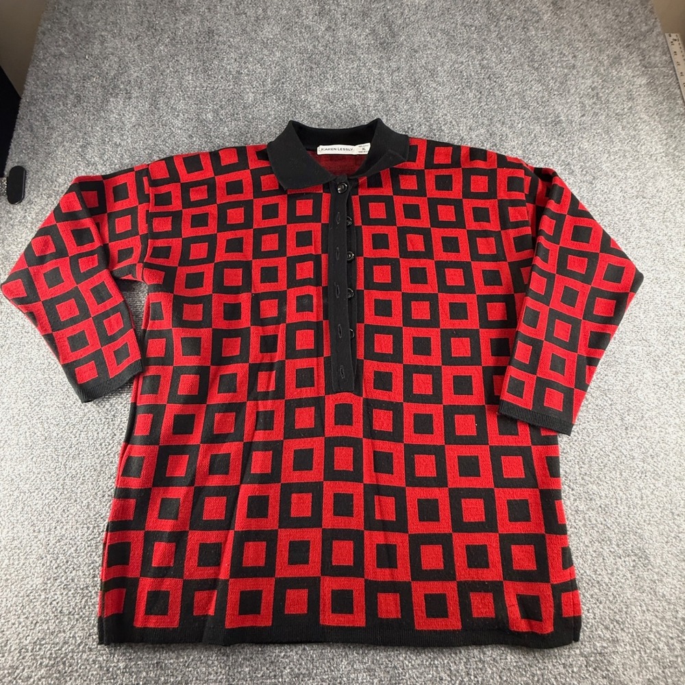 Karen Lessly Vintage Red Black Geometric Square Knit Polo Sweater XL Made in USA